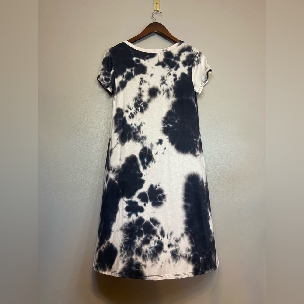 ARAN'S DEN Lagenlook Tunic Top Long Shirt Dress Tie Dye Black White Short Sleeve - Picture 13 of 13